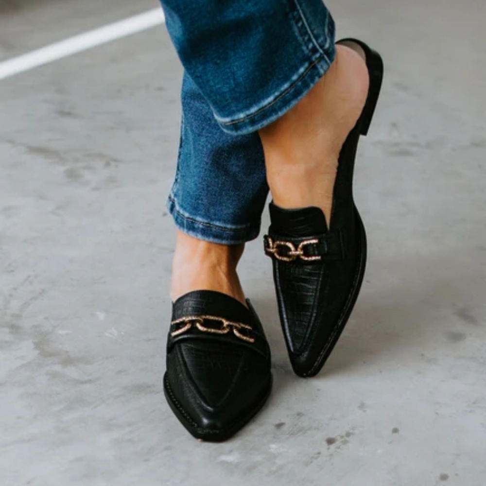 Dolce Vita Black Mules with Gold Chain Detail